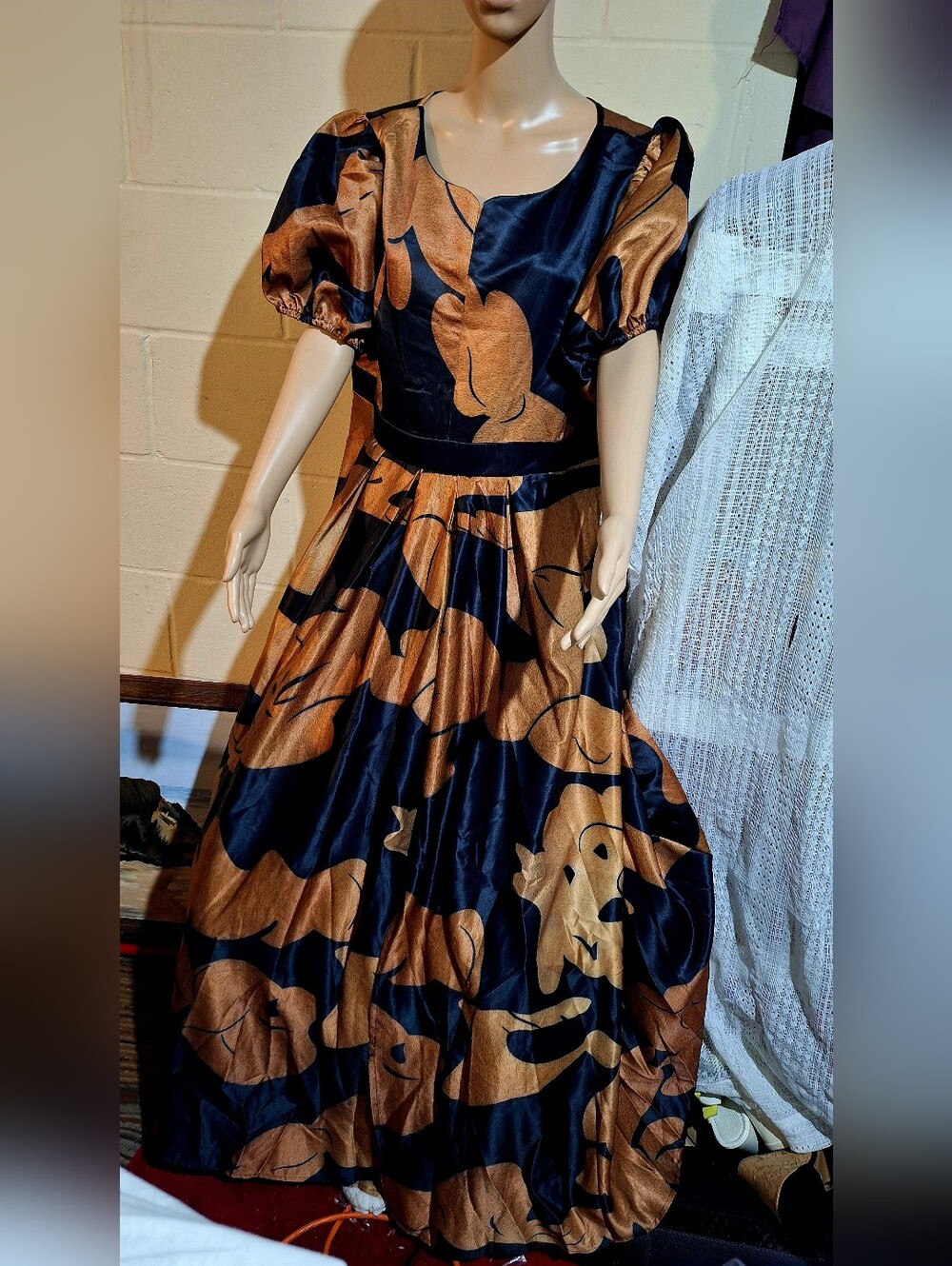 Navy and Copper Satin Floral Puff Sleeve Dress - Picture 2 of 4